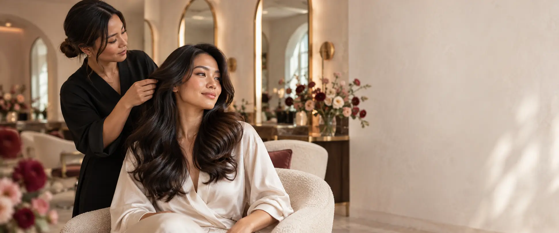 Stylist finishing a client's hair in an elegant salon